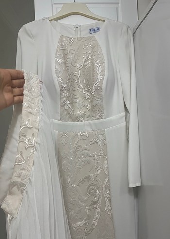 İşlemeli Uzun Beyaz Nikah Elbisesi Gelinlik Abiye - Görsel 12