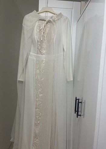 İşlemeli Uzun Beyaz Nikah Elbisesi Gelinlik Abiye - Görsel 3