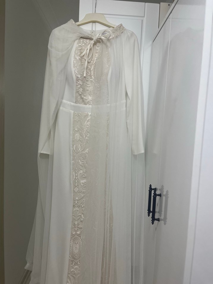 İşlemeli Uzun Beyaz Nikah Elbisesi Gelinlik Abiye - Görsel 3