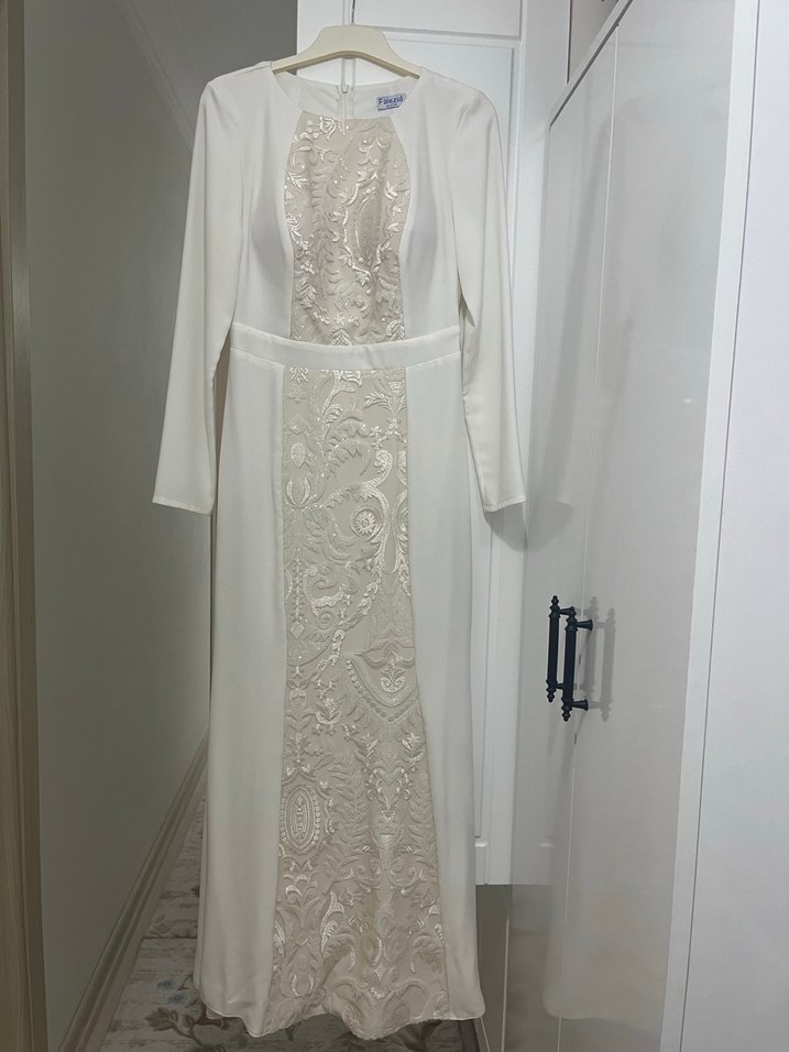 İşlemeli Uzun Beyaz Nikah Elbisesi Gelinlik Abiye - Görsel 2