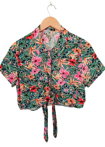 vintage çiçekli crop Bağlamalı Gömlek