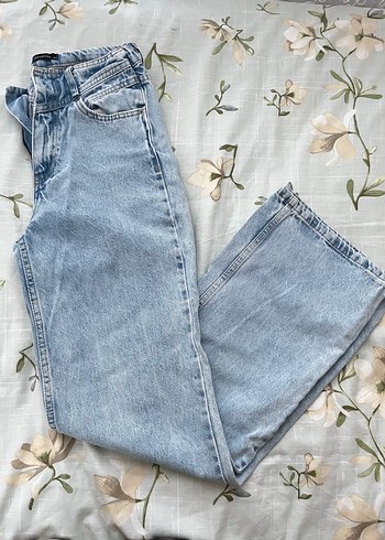 34 Beden Pastel Mavi Bağlama Desenli Midi Denim Pantolon