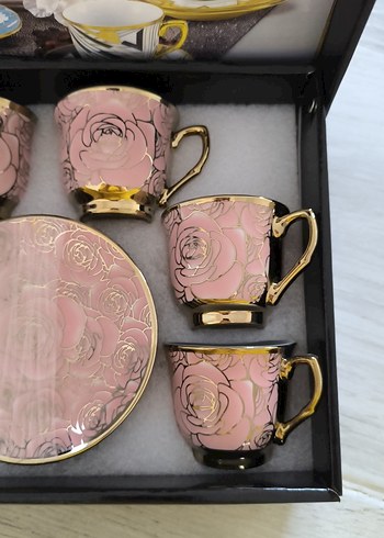 Pembe ve Altın Desenli 6'lı Kahve Fincan Seti - Görsel 3