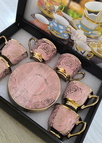 Pembe ve Altın Desenli 6'lı Kahve Fincan Seti - Görsel 4