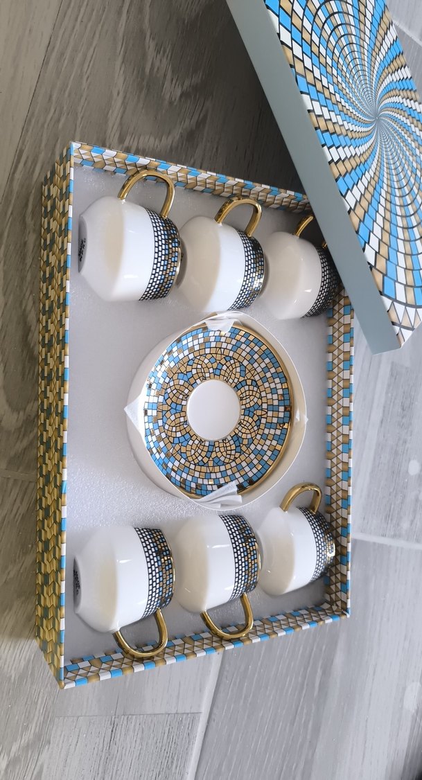 Altın kulplu mozaik desenli beyaz fincan seti - Görsel 2