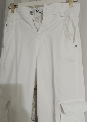 erkek Beyaz Kemerli Pamuklu Salaş Kumaş Pantolon - Görsel 3