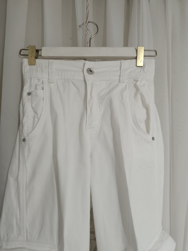 erkek Beyaz Kemerli Pamuklu Salaş Kumaş Pantolon - Görsel 4