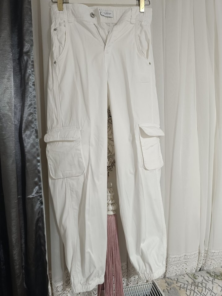 erkek Beyaz Kemerli Pamuklu Salaş Kumaş Pantolon - Görsel 2