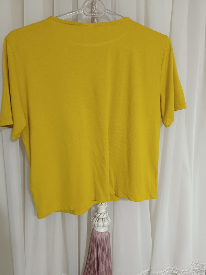 Sarı Kısa Kollu Pamuklu Tişört - Görsel 4