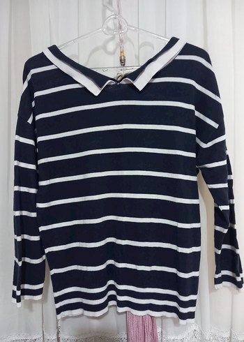 Lacivert Beyaz Çizgili Polo Yaka Triko Kazak - Görsel 2