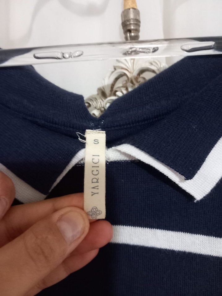 Lacivert Beyaz Çizgili Polo Yaka Triko Kazak - Görsel 4