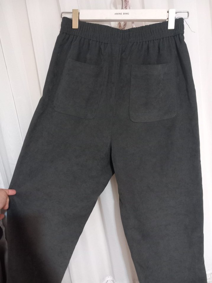 Gri Keten Kadın Bol Kesim Fermuarlı Pantolon - Görsel 3