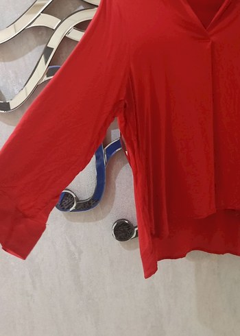 Kırmızı V Yaka Uzun Kollu Salaş Bluz - Görsel 3