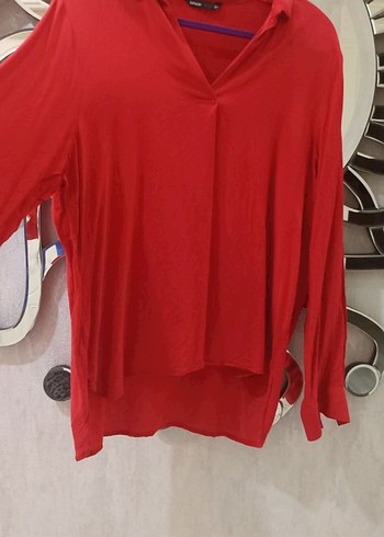 Kırmızı V Yaka Uzun Kollu Salaş Bluz - Görsel 4