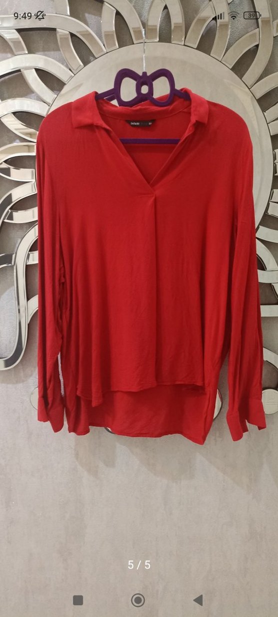 Kırmızı V Yaka Uzun Kollu Salaş Bluz - Görsel 5
