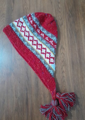 Kadın Bohem Örgü Kırmızı Gri Bere - Görsel 4