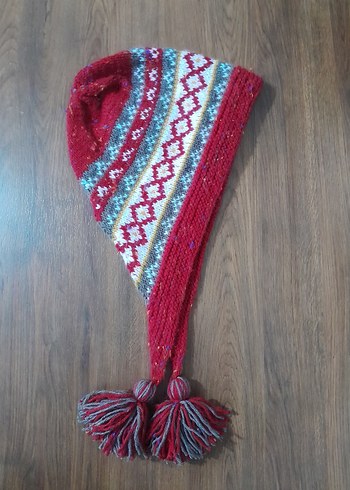 Kadın Bohem Örgü Kırmızı Gri Bere - Görsel 3