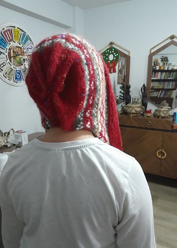 Kadın Bohem Örgü Kırmızı Gri Bere - Görsel 6