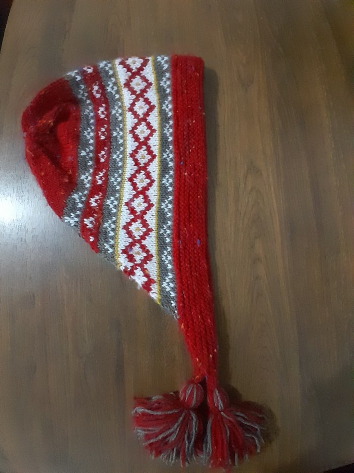 Kadın Bohem Örgü Kırmızı Gri Bere - Görsel 2