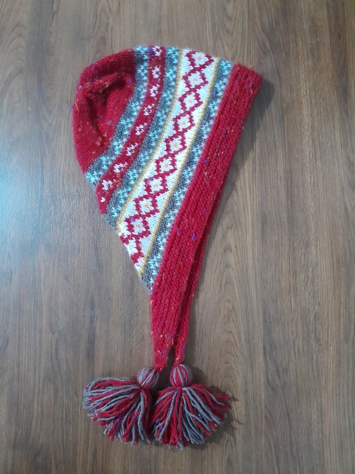 Kadın Bohem Örgü Kırmızı Gri Bere - Görsel 3