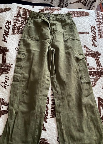 Kemerli Haki Loose Fit Midi Kot Pantolon