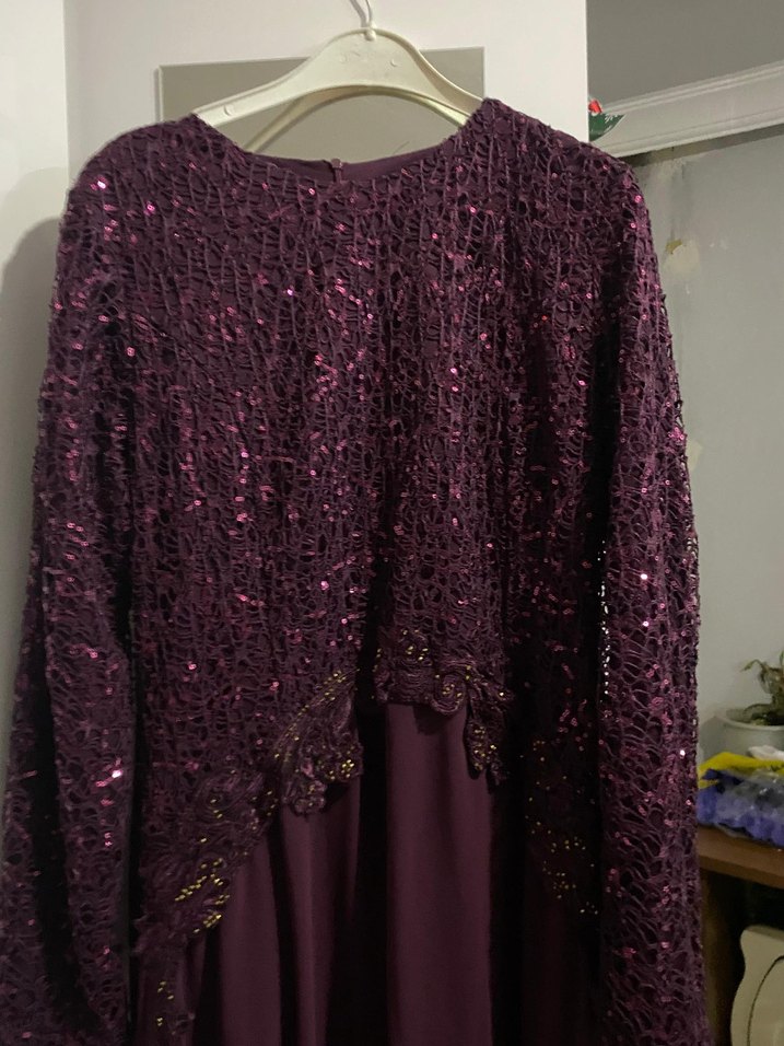 Bordo Uzun Kollu Kadın Abiye Elbise - Görsel 2