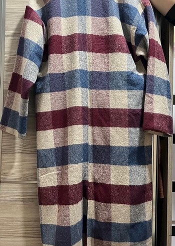 Düğmeli Bordo Gri Kareli Midi Kadın Kaban - Görsel 2