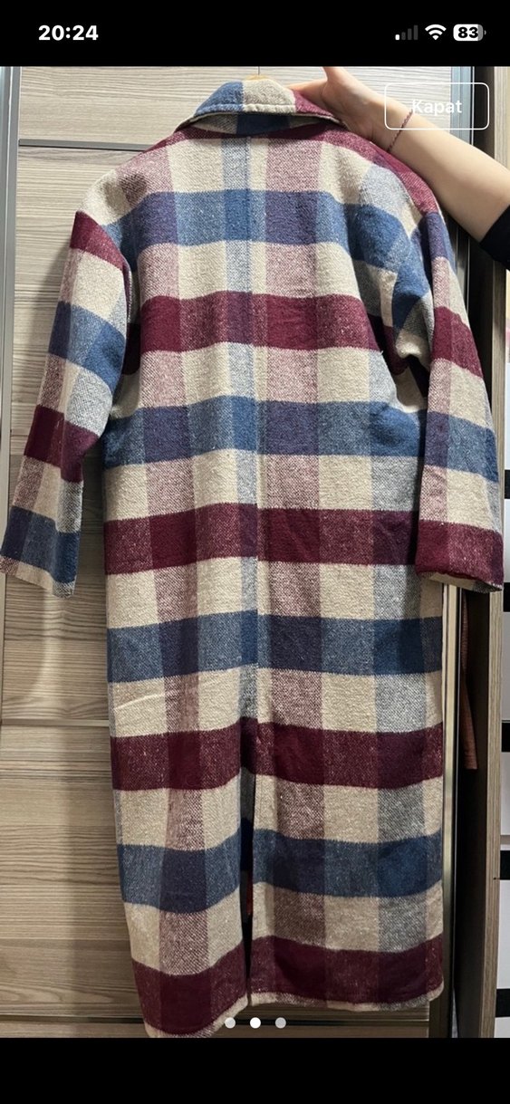 Düğmeli Bordo Gri Kareli Midi Kadın Kaban - Görsel 2