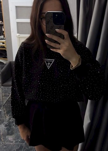 Guess Siyah Puantiyeli Kadın Süet Sweatshirt