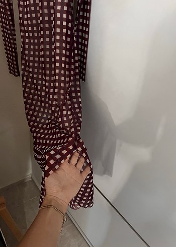 s Beden bordo Renk Bordo Kareli Uzun Kollu Pilili Elbise