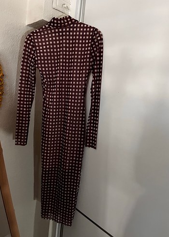 Diğer Bordo Kareli Uzun Kollu Pilili Elbise