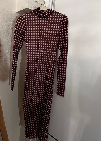 Bordo Kareli Uzun Kollu Pilili Elbise