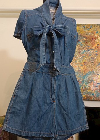 Kadın Mavi Denim Kısa Tulum - Görsel 2