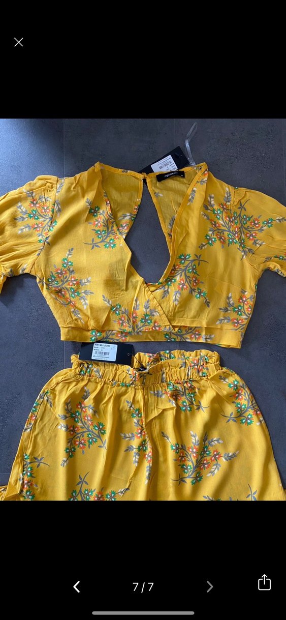 Sarı Viscon Baskılı Çiçekli Mini Bohem Crop Şort Takı - Görsel 4