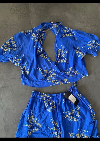 Viscon Baskılı Mavi Bohem Kadın Crop Şort Takım - Görsel 3