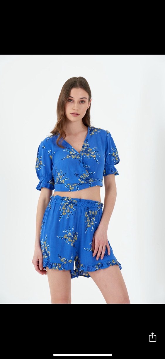 Viscon Baskılı Mavi Bohem Kadın Crop Şort Takım - Görsel 5