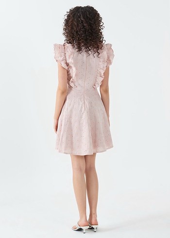 Zara Pembe Fisto Brode V Yaka Nakışlı Volanlı Midi Elbise
