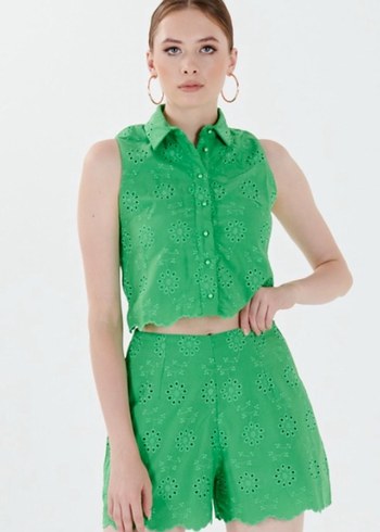 Yeşil İşlemeli Fisto Kolsuz Yelek Şort Brode Takım - Görsel 5