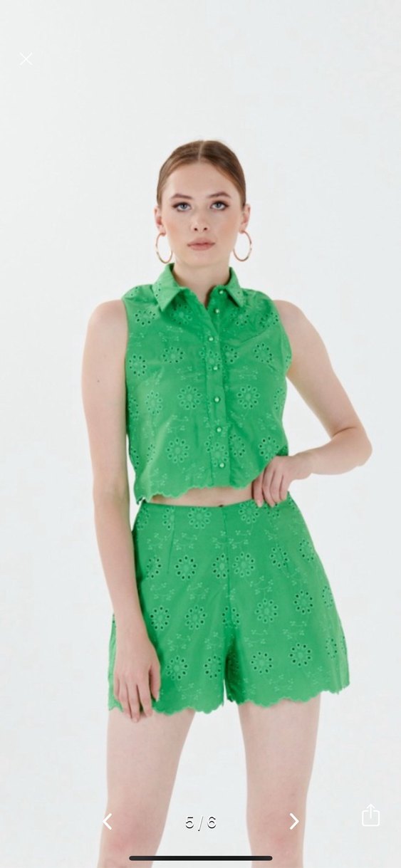 Yeşil İşlemeli Fisto Kolsuz Yelek Şort Brode Takım - Görsel 5