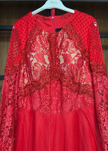 Dantel Detaylı Uzun Kırmızı Kadın Abiye Elbise - Görsel 5