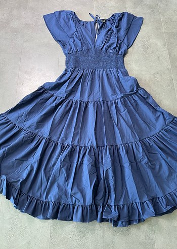 Zara Kadın Lacivert Uzun Volanlı Bohem Poplin Elbise