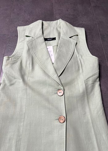 Pastel Yeşili Keten Düğmeli Kadın Kolsuz Yelek - Görsel 3