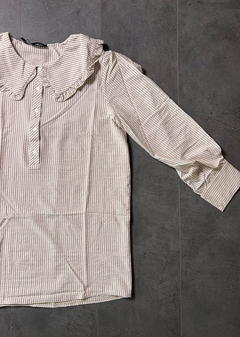 Bej Kadın Keten Bebe Yaka Gömlek Pilili Yaka - Görsel 4