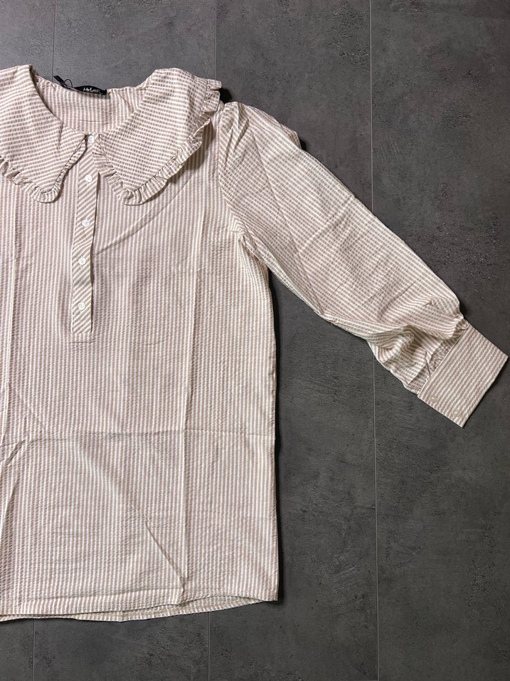 Bej Kadın Keten Bebe Yaka Gömlek Pilili Yaka - Görsel 4