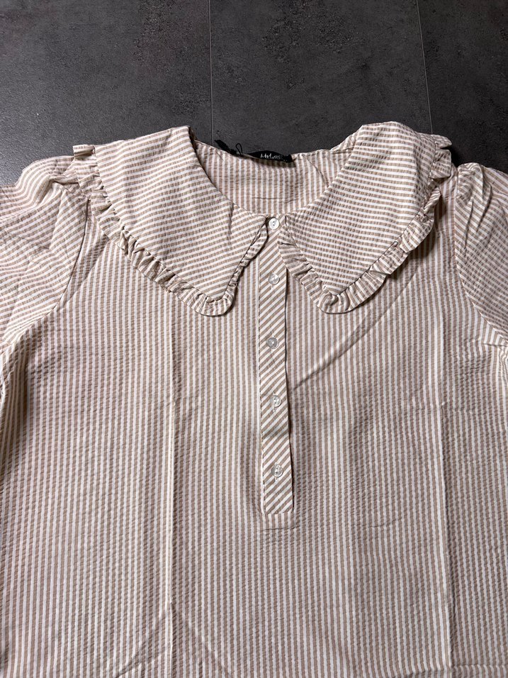 Bej Kadın Keten Bebe Yaka Gömlek Pilili Yaka - Görsel 3