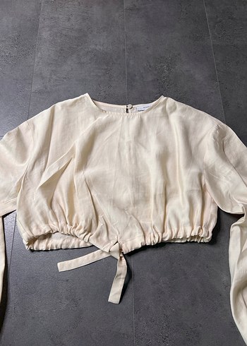Kadın Krem Keten Crop Bluz - Görsel 2