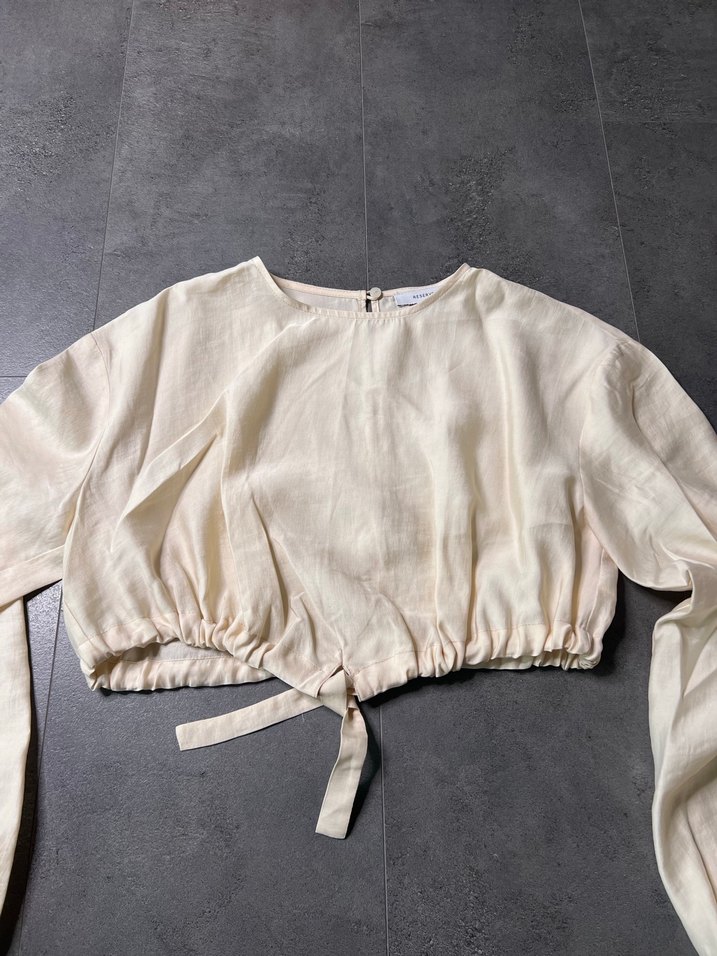 Kadın Krem Keten Crop Bluz - Görsel 2