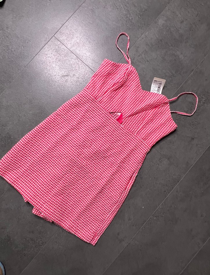 Kadın Pembe Kareli V Yaka Askılı Tulum - Görsel 4