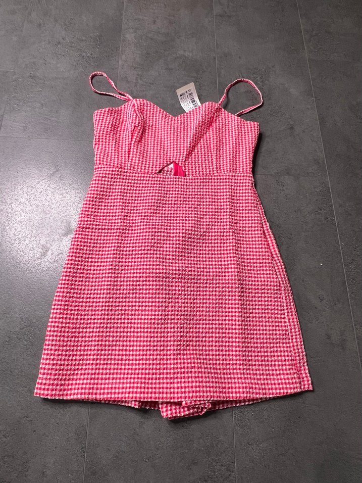 Kadın Pembe Kareli V Yaka Askılı Tulum - Görsel 2