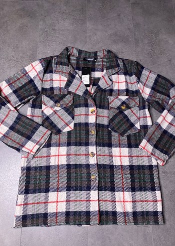 Düğmeli Ekose Kaşe Kısa Kadın Gömlek - Görsel 4